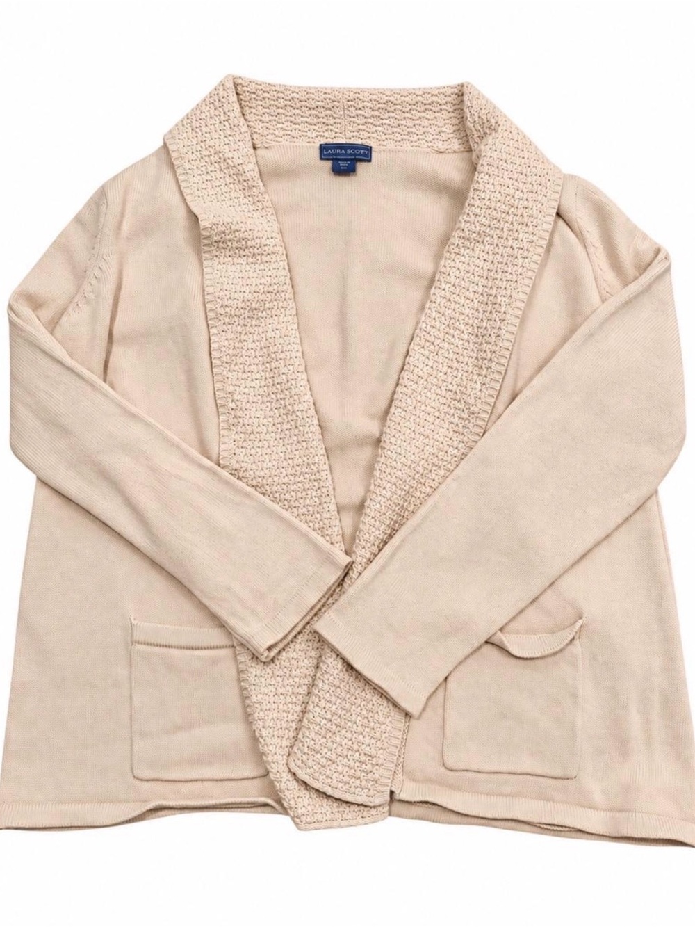 Laura Scott Beige Open-Front Shawl Collar Cardigan